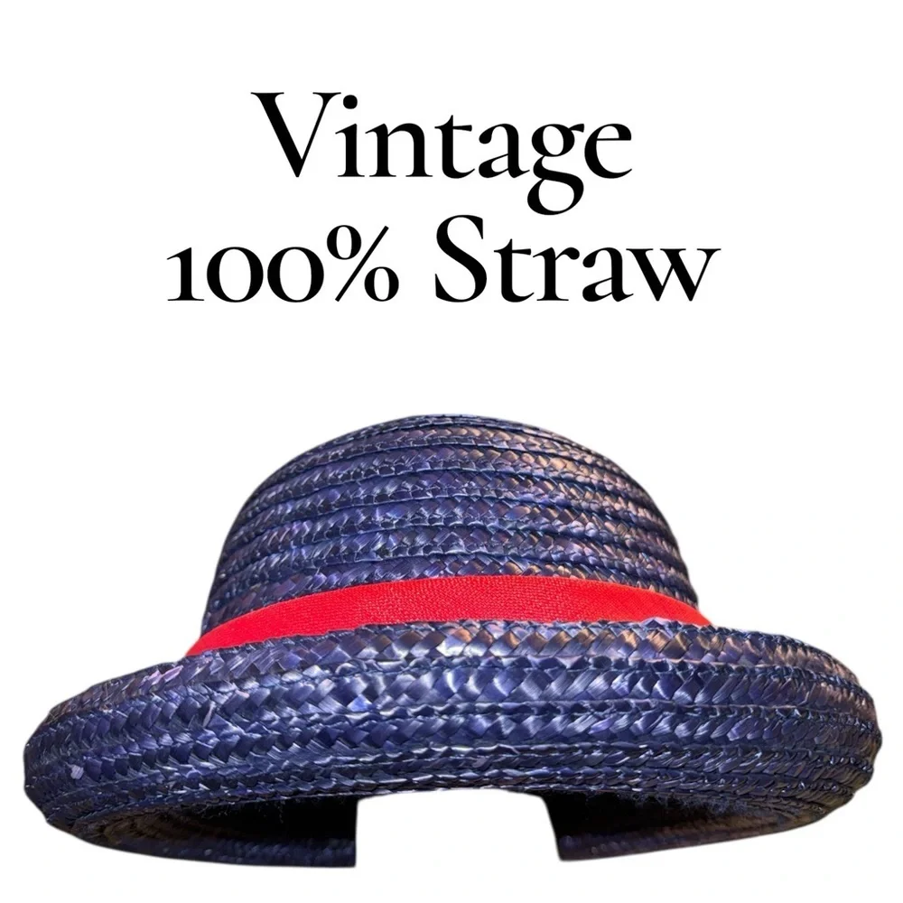 Vintage Navy Blue Straw Boater Hat Red Ribbon Band Retro Old Money Style Fedora